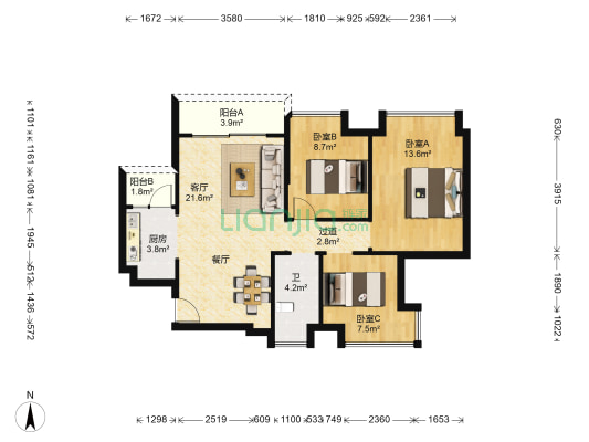 宏联美誉名座 3室1厅1卫 88平方
