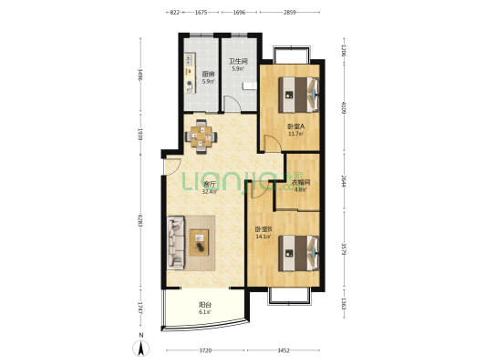 黄兴绿园（东区） 2室1厅1卫 104平方