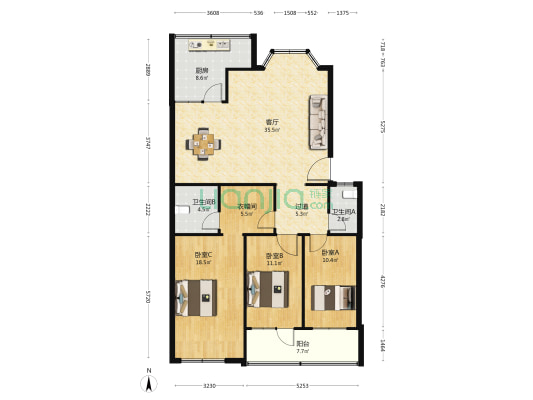 建设路99-3号 3室1厅2卫 130平方