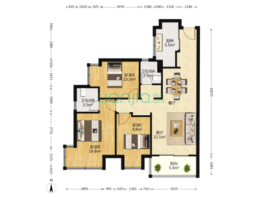 金地星月 3室1厅2卫 105平方