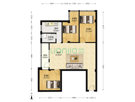 体育路 3室1厅1卫 86平方