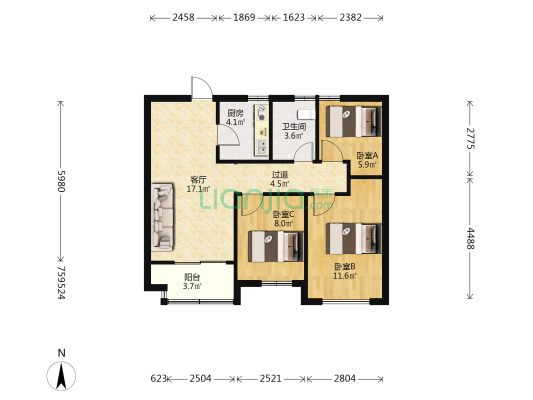 悦庭 3室1厅1卫 76平方