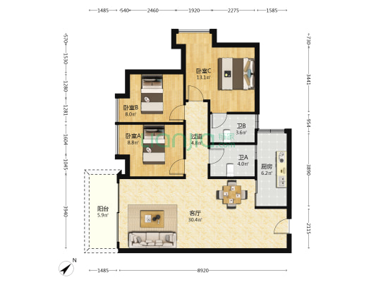 宝乐园 3室1厅2卫 97平方