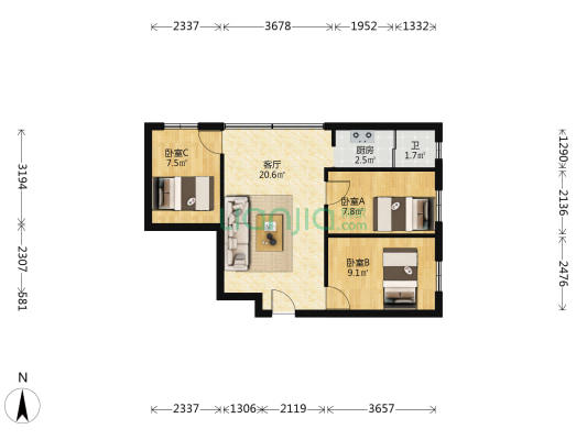 康和居 3室1厅1卫 67平方