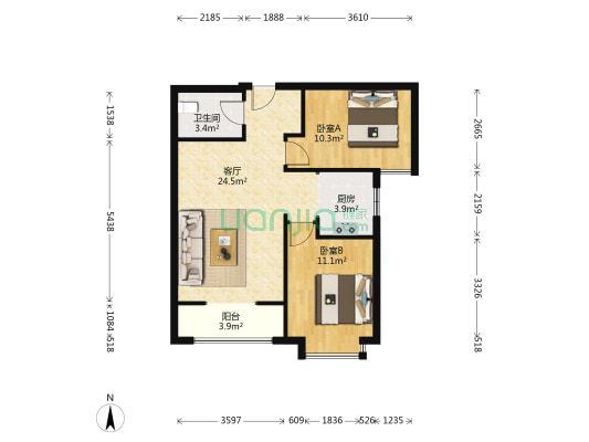 万悦城，全南两居，毛坯房，满二，采光好，前面无遮挡-户型图