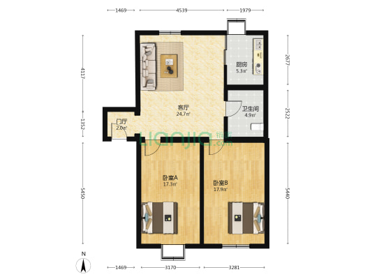 西廊下胡同二号院 2室1厅1卫 95平方
