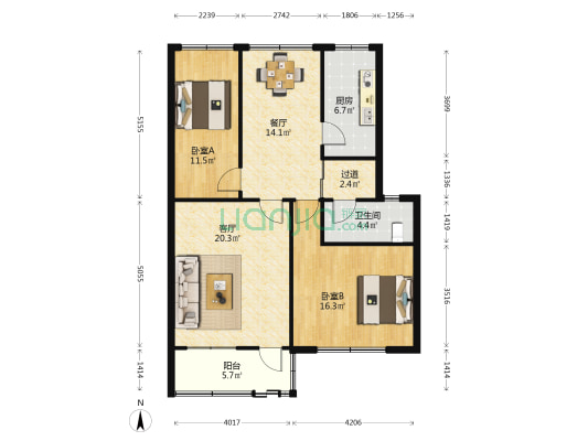面粉厂宿舍(莱芜区) 2室2厅1卫 98平方