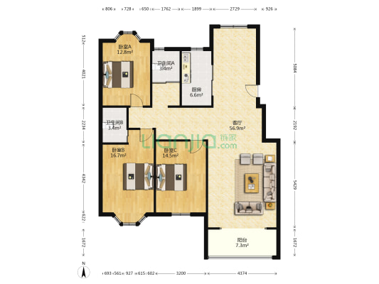 长江金源豪庭 3室1厅2卫 145平方