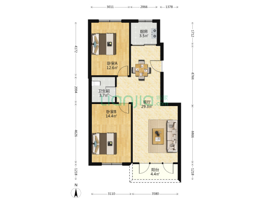华宸名城 2室1厅1卫 90平方