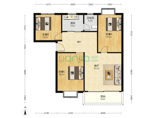 金田花园 3室1厅1卫 117平方
