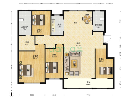 九州润园 4室1厅2卫 185平方