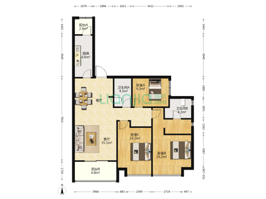 万科金域国际 3室1厅2卫 125平方
