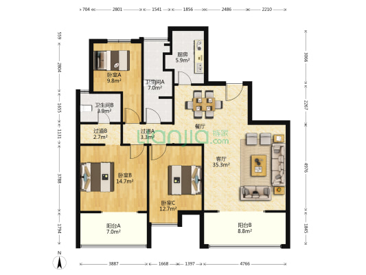 润城东区 3室1厅2卫 142平方