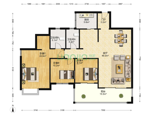 中凯翠海朗园 3室1厅2卫 144平方