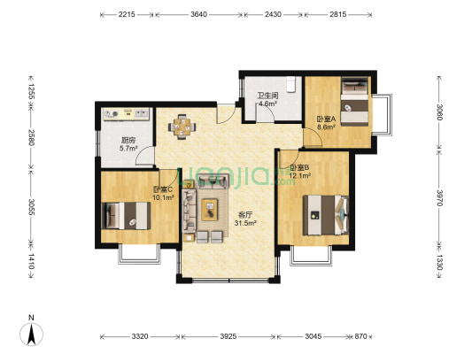 紫竹苑 3室1厅1卫 92平方