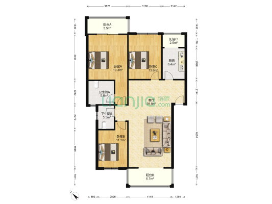 西华雅苑 3室1厅2卫 121平方