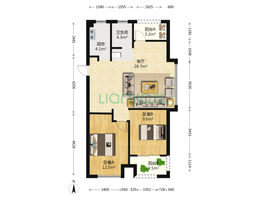 旭辉光耀城 2室1厅1卫 87平方