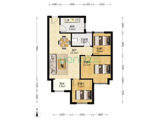 海滨御苑 3室1厅1卫 93平方