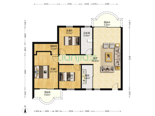 福祥家园 3室1厅1卫 113平方