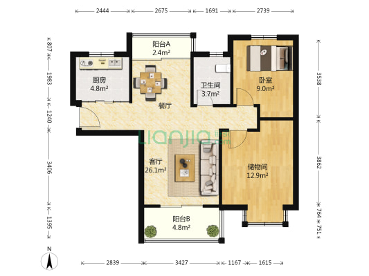 美新玫瑰庄园 1室1厅1卫 91平方