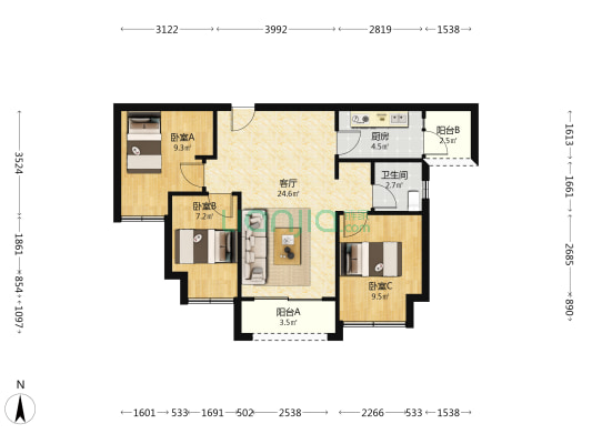 北京城建龙樾生态城樾易府南区 3室1厅1卫 79平方