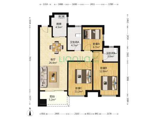 保利中辰花园 3室1厅2卫 95平方