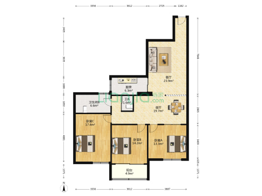 淮钢大厦 3室2厅2卫 143平方