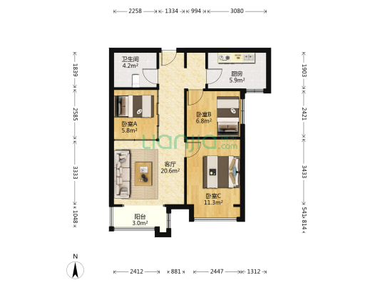 南湖金地兴泰里 3室1厅1卫 85平方