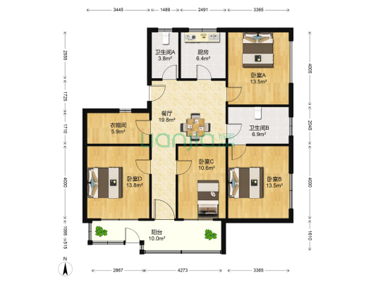 金鹿公寓 4室1厅2卫 128平方