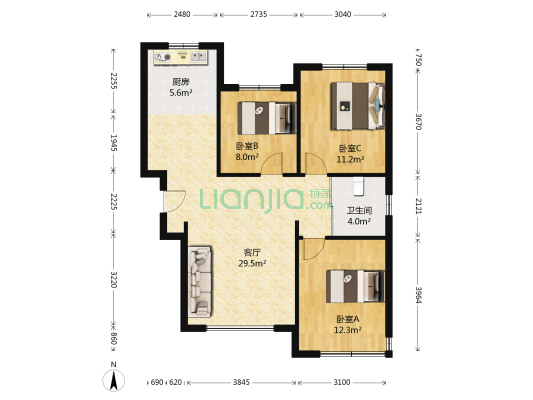 中铁国际花园 3室1厅1卫 97平方
