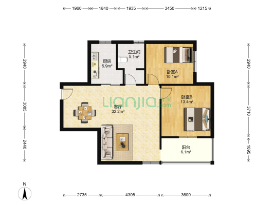 福邸雅苑 2室1厅1卫 87平方