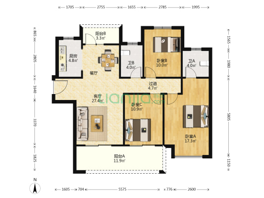 正弘碧湖苑 3室1厅2卫 127平方