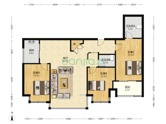 嘉宝锦园 3室1厅2卫 137平方