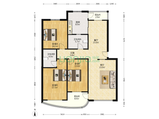 阳光城118号 3室2厅2卫 138平方