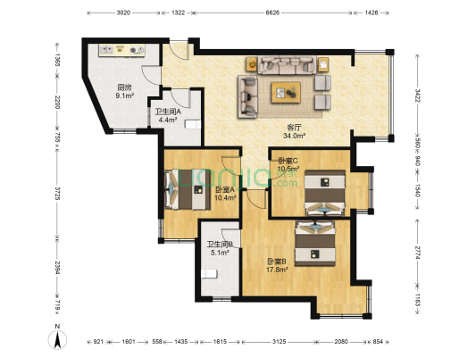 第一城A组团 3室1厅2卫 113平方