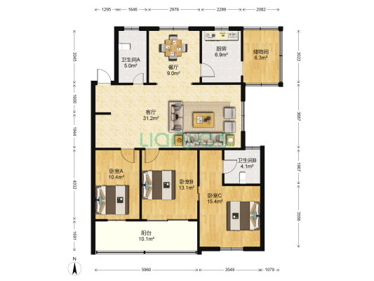 财贸新村 3室2厅2卫 125平方