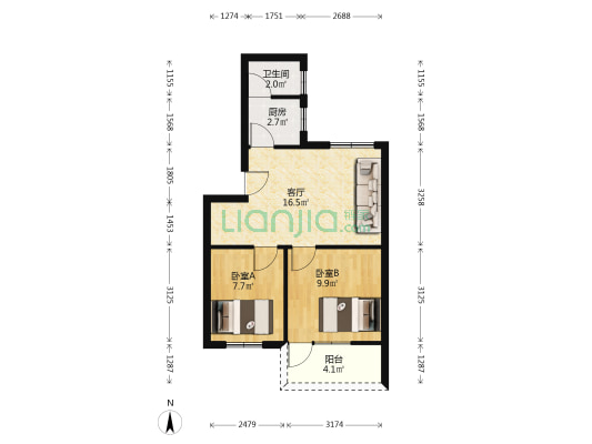 招商花园 2室1厅1卫 56平方