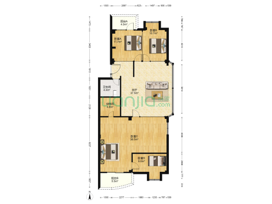 万利花园 4室1厅1卫 144平方