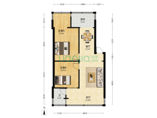 西城商住楼 2室2厅1卫 63平方