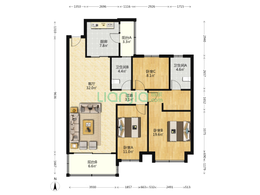 恒大悦珑台 3室1厅2卫 138平方