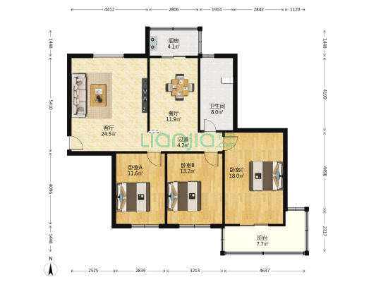 长兴园 3室2厅1卫 127平方