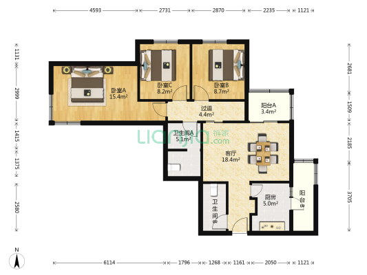 万寿路甲15号院五区 3室1厅2卫 96平方