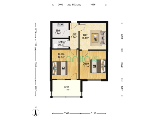 炼油厂宿舍 2室1厅1卫 61平方