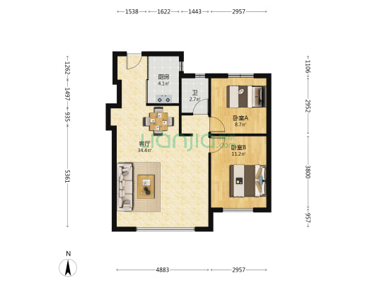 昆仑时代中心心著 2室1厅1卫 85平方