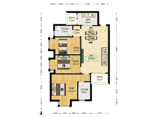 花果园W2区 3室1厅2卫 100平方
