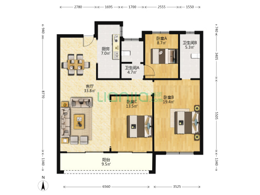 瑞德广场 3室1厅2卫 131平方