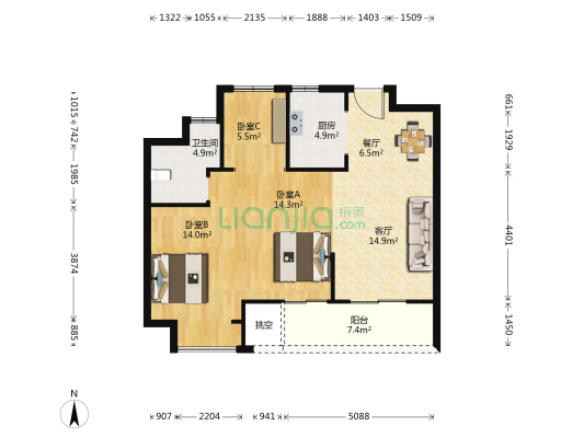 绿城柳岸禾风公寓 3室2厅1卫 89平方