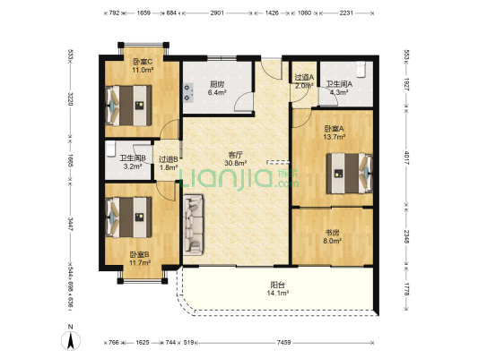 龙庭花园 4室1厅2卫 122平方