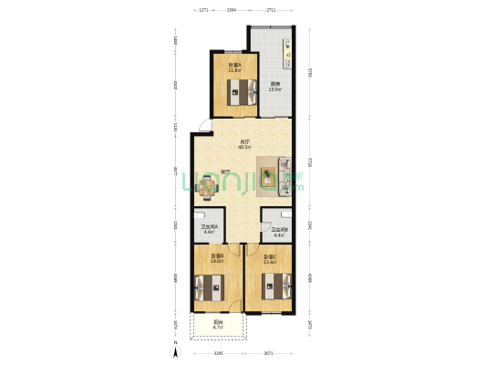 九彩公寓 3室1厅2卫 128平方