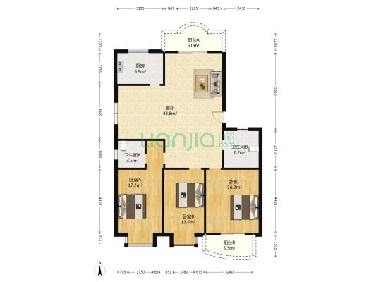 梦泽园 3室1厅2卫 136平方